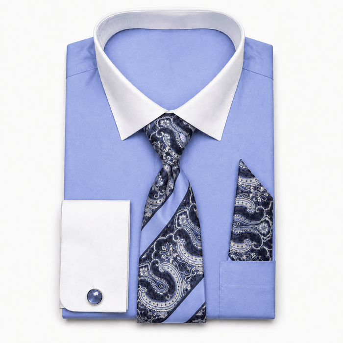 Men's Light Blue White Collar French Cuff Dress Shirt Set - Upscale Men's Fashion