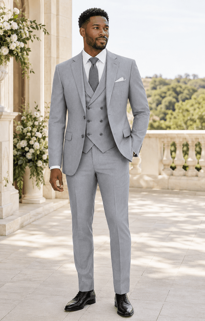Men’s Light Gray Modern Fit 3-Piece Suit with Double-Breasted Vest – Altavilla Collection - Upscale Men's Fashion