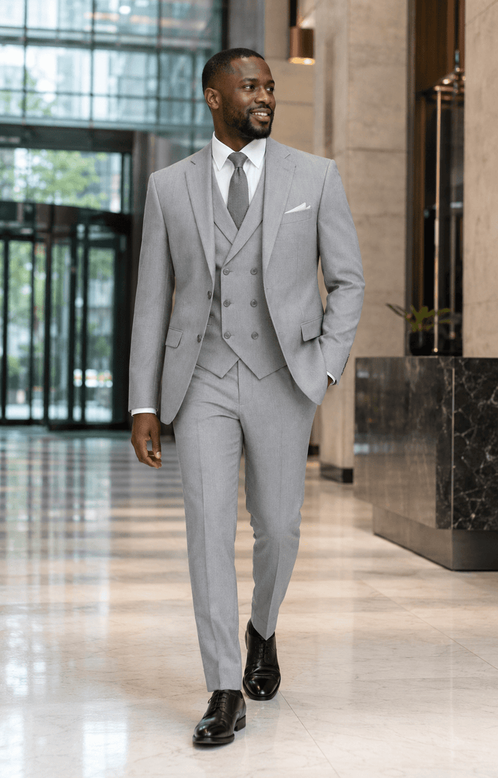 Men’s Light Gray Modern Fit 3-Piece Suit with Double-Breasted Vest – Altavilla Collection - Upscale Men's Fashion