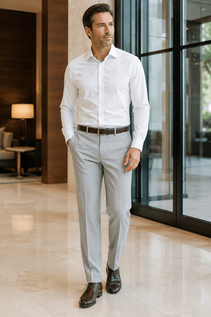 Men's Light Gray Modern Fit Pre-Hemmed Dress Pants - Upscale Men's Fashion