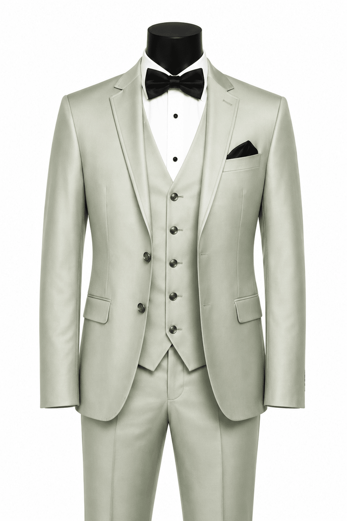 Men’s Light Sage Slim Fit 3-Piece Satin-Look Suit with Vest – Valdoro Collection - Upscale Men's Fashion
