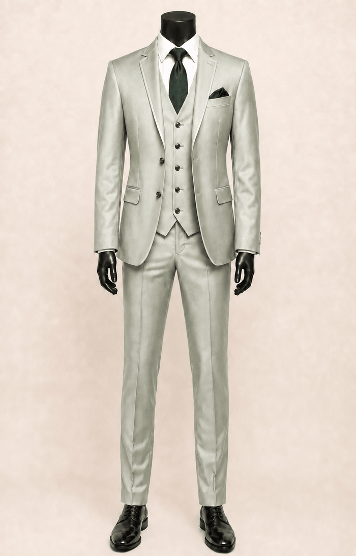 Men’s Light Sage Slim Fit 3-Piece Satin-Look Suit with Vest – Valdoro Collection - Upscale Men's Fashion