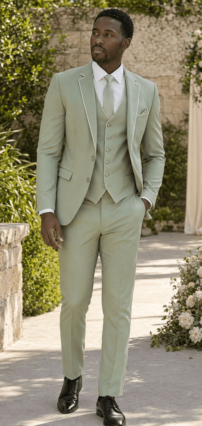Men’s Light Sage Slim Fit 3-Piece Satin-Look Suit with Vest – Valdoro Collection - Upscale Men's Fashion