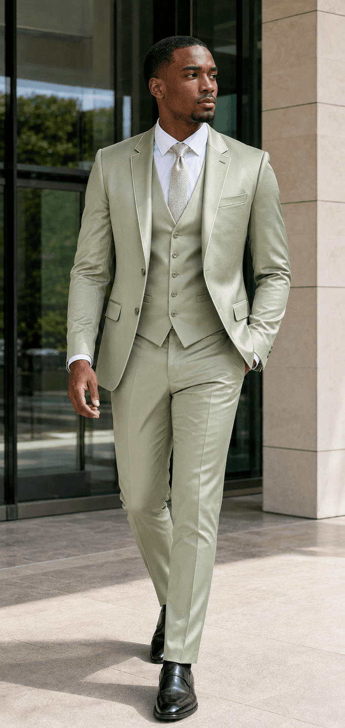 Men’s Light Sage Slim Fit 3-Piece Satin-Look Suit with Vest – Valdoro Collection - Upscale Men's Fashion