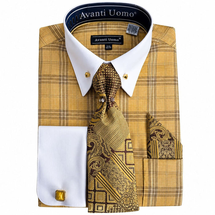 Men's Mustard Glen Plaid French Cuff Dress Shirt Set - Upscale Men's Fashion