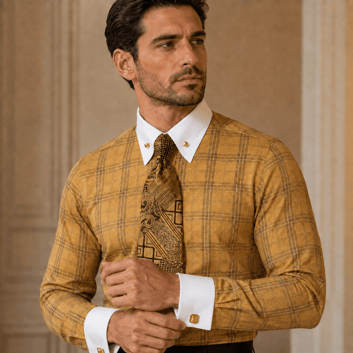 Men's Mustard Glen Plaid French Cuff Dress Shirt Set - Upscale Men's Fashion