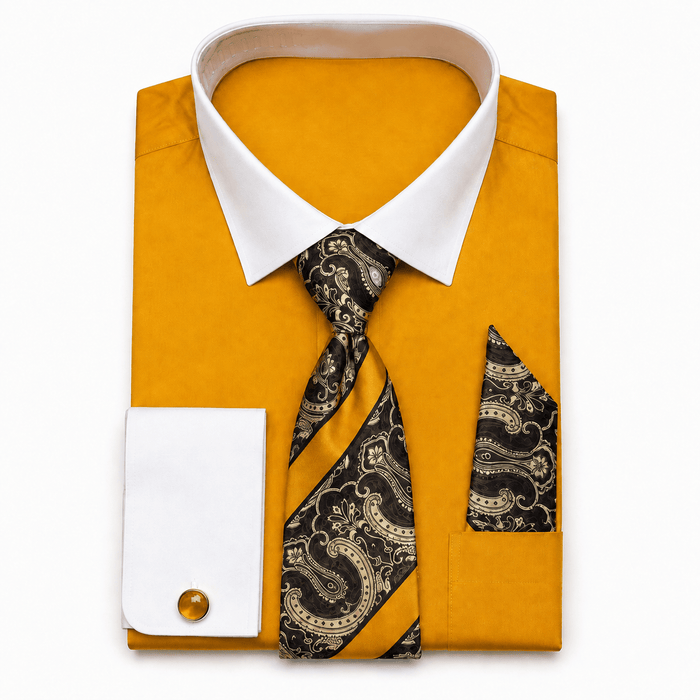 Men's Mustard White Collar French Cuff Dress Shirt Set - Upscale Men's Fashion