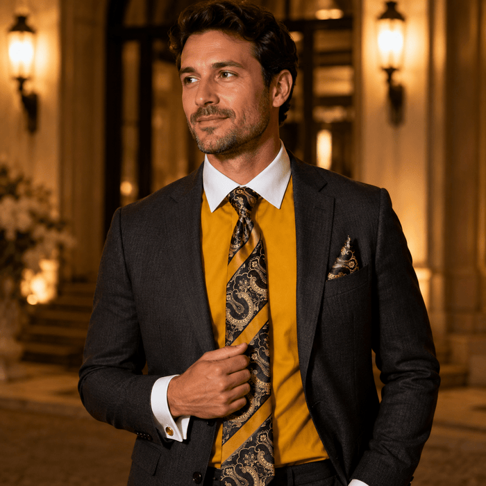 Men's Mustard White Collar French Cuff Dress Shirt Set - Upscale Men's Fashion