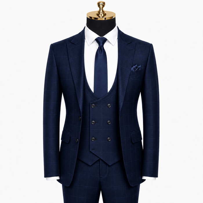 Men's Navy Glen Plaid Slim Fit Stretch 3-Piece Suit - Upscale Men's Fashion