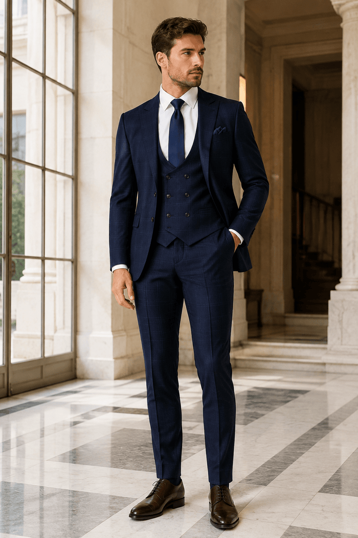Men's Navy Glen Plaid Slim Fit Stretch 3-Piece Suit - Upscale Men's Fashion