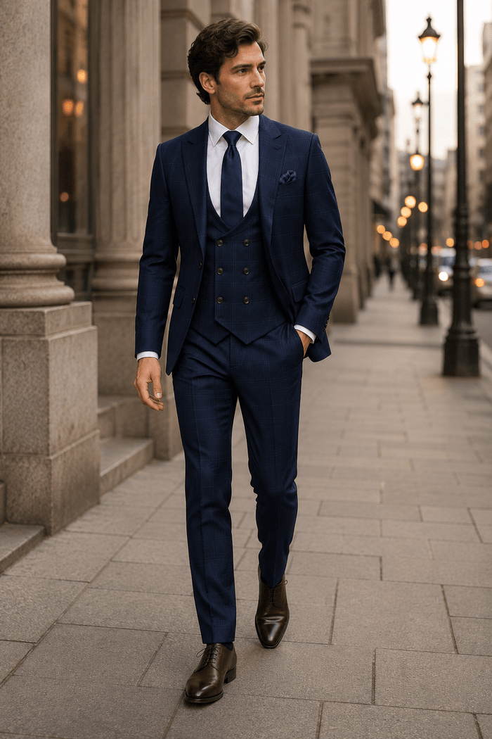 Men's Navy Glen Plaid Slim Fit Stretch 3-Piece Suit - Upscale Men's Fashion
