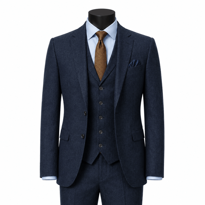 Men's Navy Hybrid Fit 3-Piece Tweed Suit | Alveron Collection - Upscale Men's Fashion