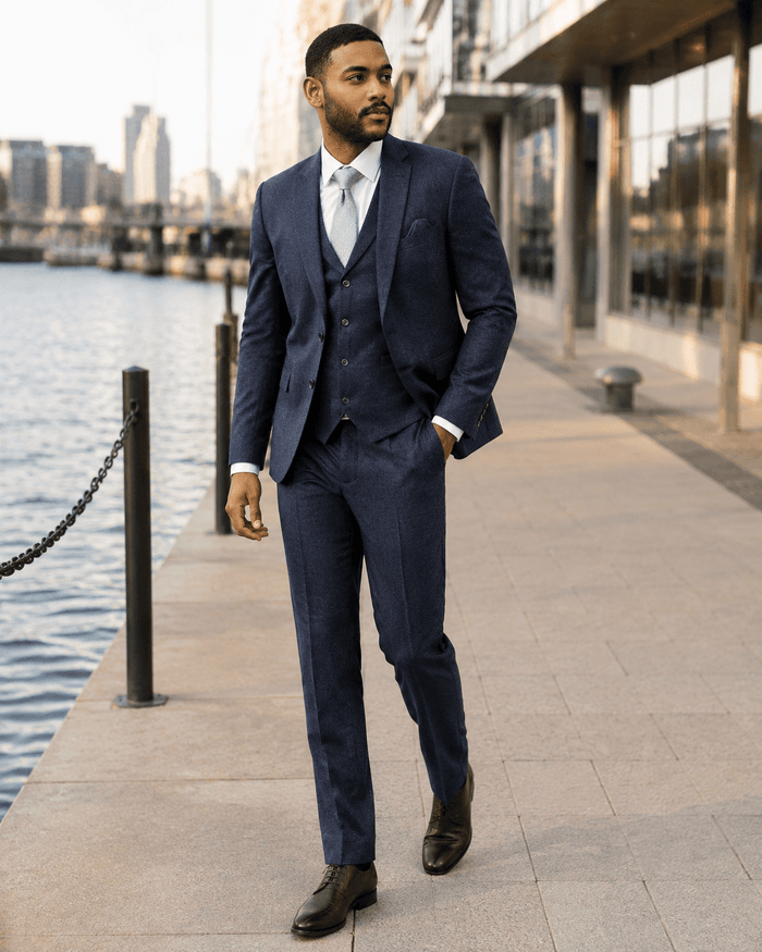Men's Navy Hybrid Fit 3-Piece Tweed Suit | Alveron Collection - Upscale Men's Fashion