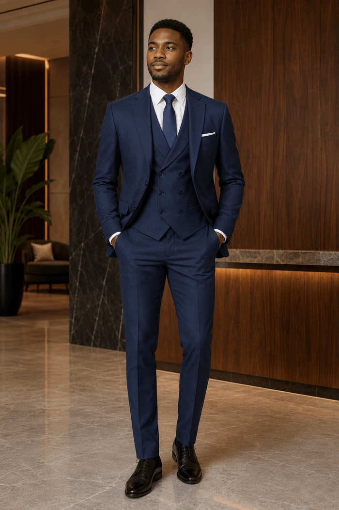 Men’s Navy Modern Fit 3-Piece Suit with Double-Breasted Vest – Altavilla Collection - Upscale Men's Fashion