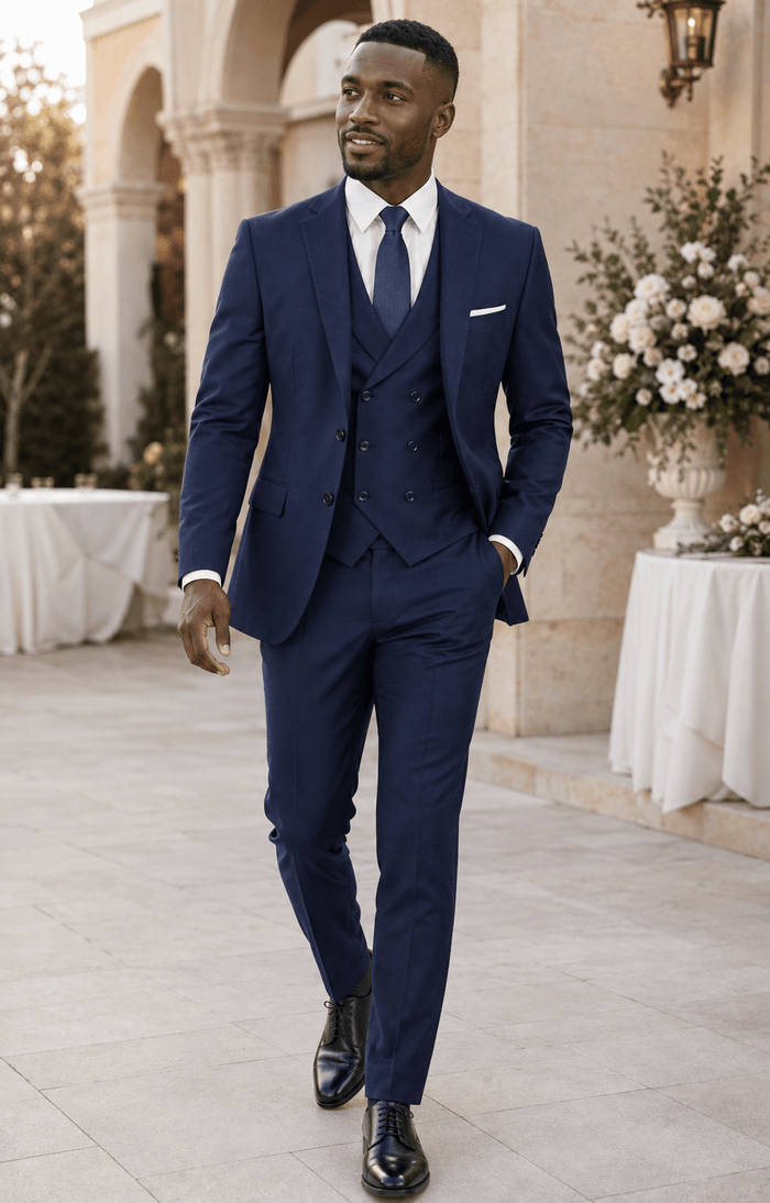 Men’s Navy Modern Fit 3-Piece Suit with Double-Breasted Vest – Altavilla Collection - Upscale Men's Fashion