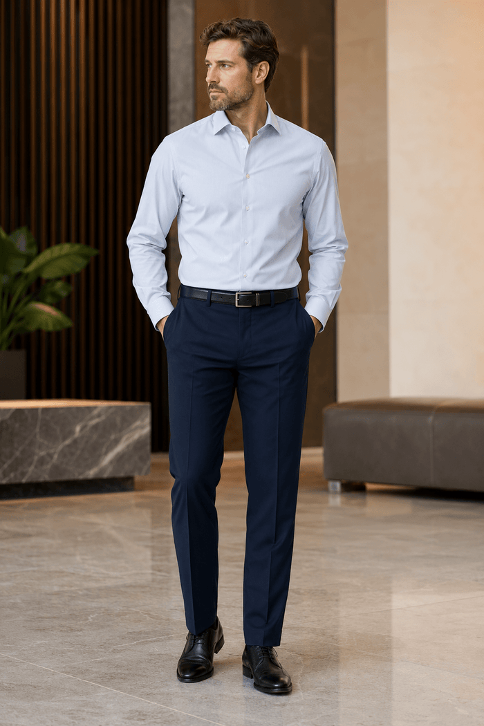 Men's Navy Modern Fit Pre-Hemmed Dress Pants - Upscale Men's Fashion