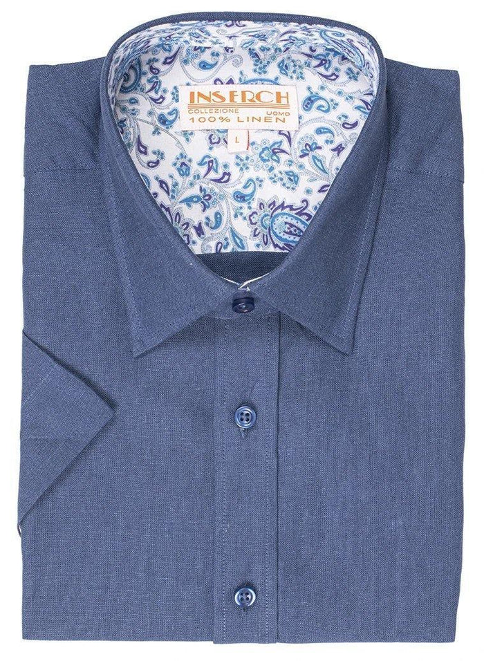 Men's Navy Short Sleeves Linen Shirt by Inserch - Upscale Men's Fashion