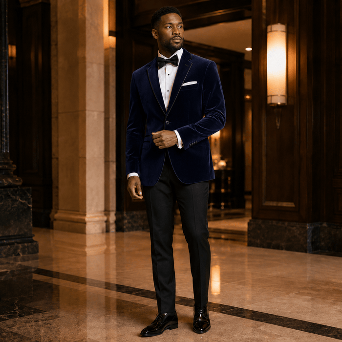 Men's Navy Velvet Regular Fit Sport Coat with Black Trim - Upscale Men's Fashion