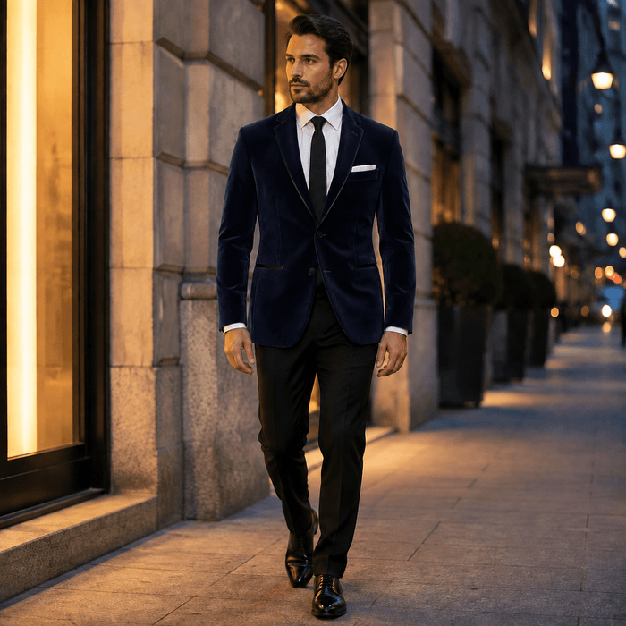 Men's Navy Velvet Regular Fit Sport Coat with Black Trim - Upscale Men's Fashion