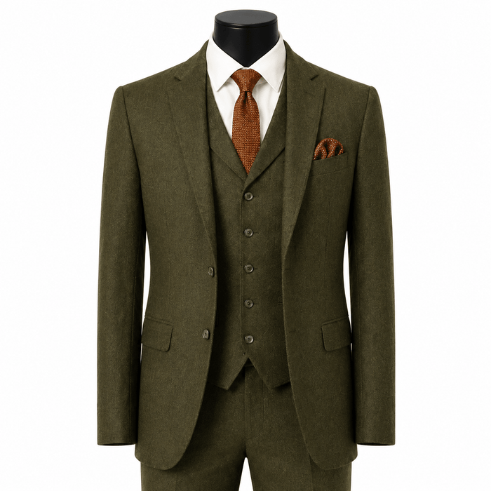 Men's Olive Hybrid Fit 3-Piece Tweed Suit | Alveron Collection - Upscale Men's Fashion