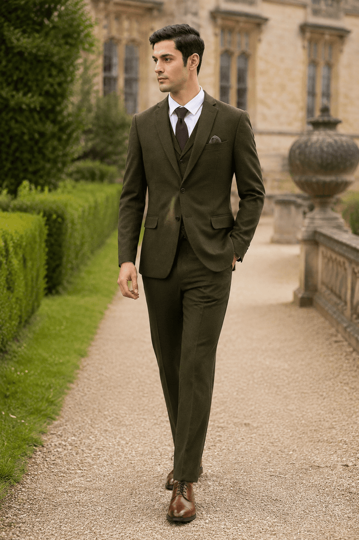 Men's Olive Hybrid Fit 3-Piece Tweed Suit | Alveron Collection - Upscale Men's Fashion