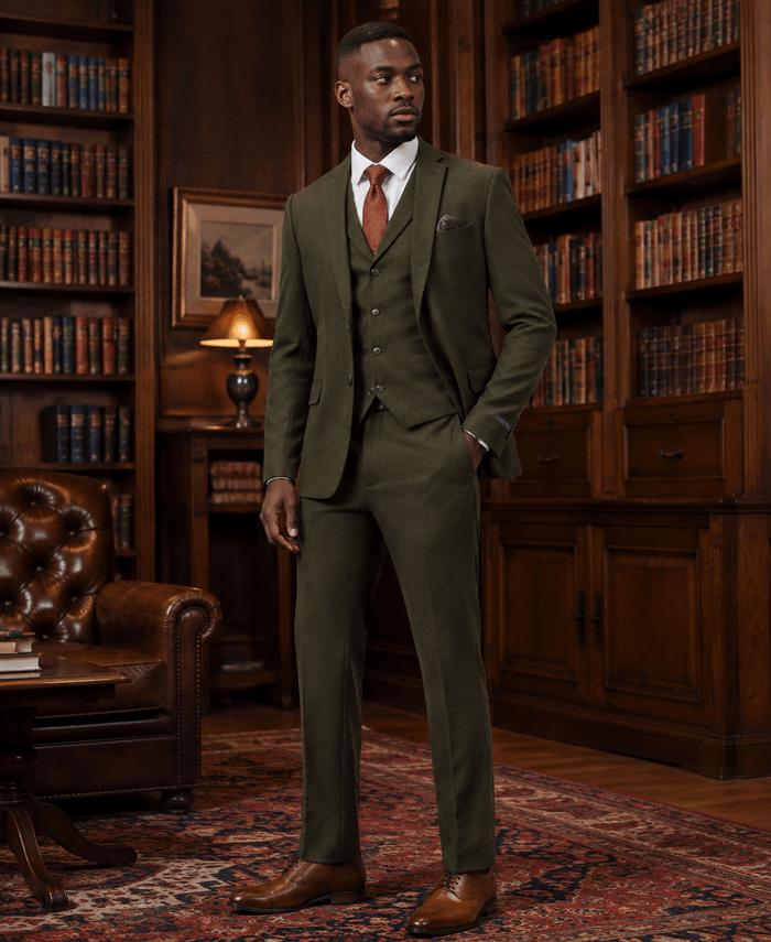 Men's Olive Hybrid Fit 3-Piece Tweed Suit | Alveron Collection - Upscale Men's Fashion