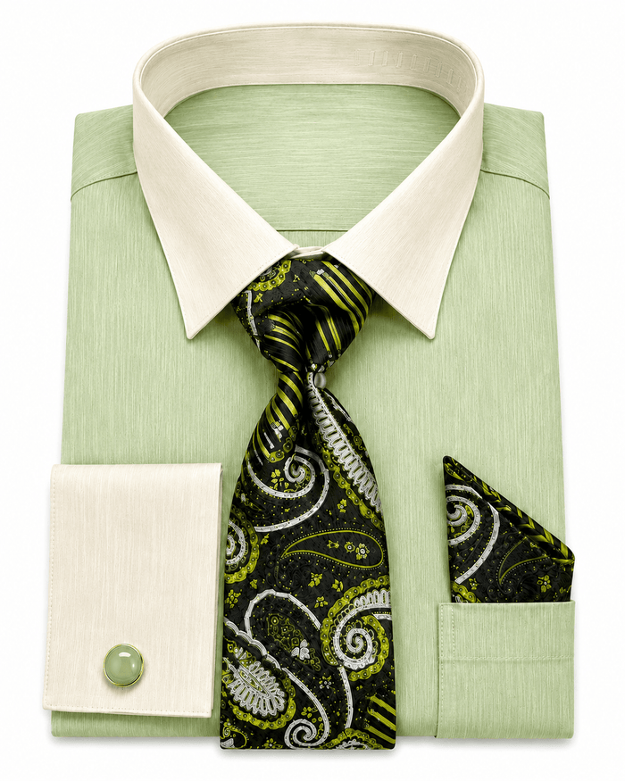 Men’s Olive Textured Dress Shirt Set with Tie & Pocket Square - Upscale Men's Fashion