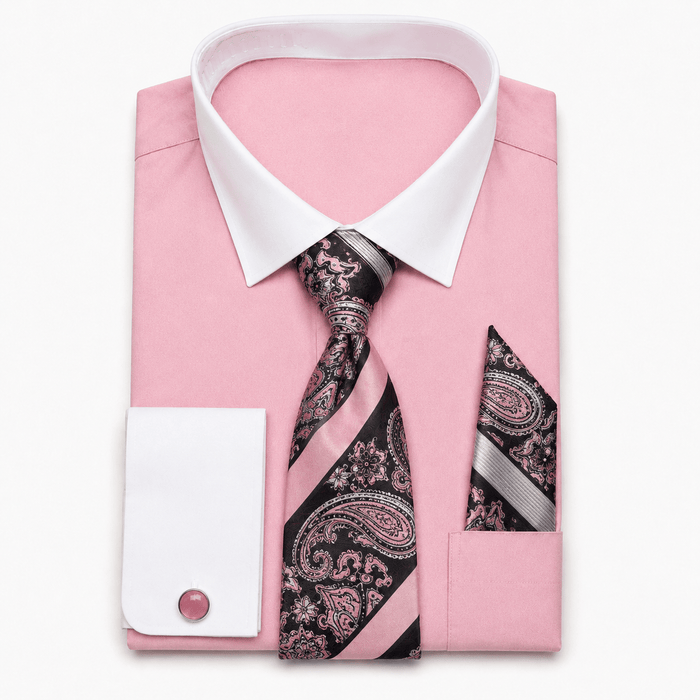Men's Pink White Collar French Cuff Dress Shirt Set - Upscale Men's Fashion