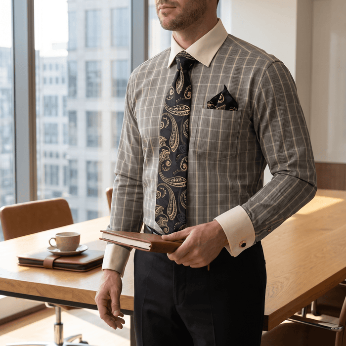 Men's Plaid Contrast Collar Dress Shirt Set – Black - Upscale Men's Fashion