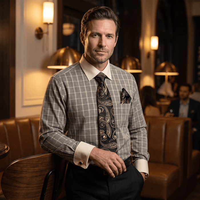 Men's Plaid Contrast Collar Dress Shirt Set – Black - Upscale Men's Fashion