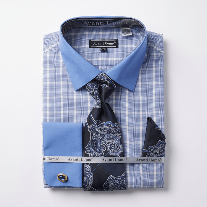 Men's Plaid Contrast Collar Dress Shirt Set – Blue - Upscale Men's Fashion