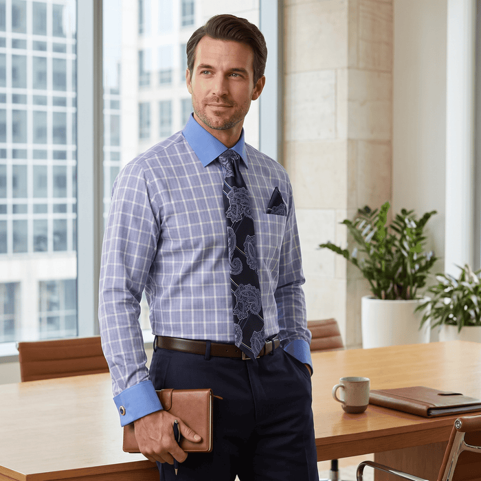 Men's Plaid Contrast Collar Dress Shirt Set – Blue - Upscale Men's Fashion