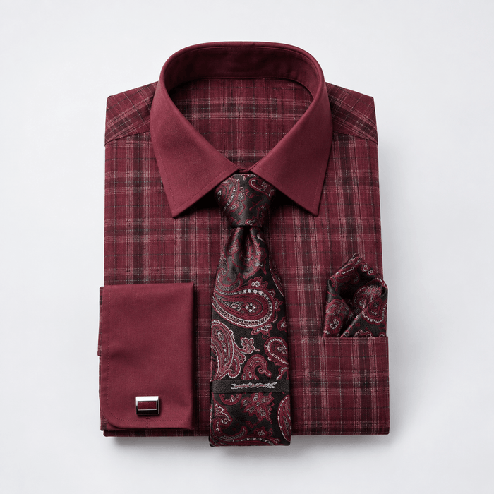Men's Plaid Contrast Collar Dress Shirt Set – Burgundy - Upscale Men's Fashion