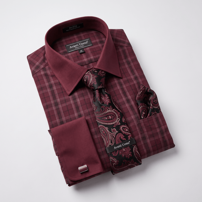 Men's Plaid Contrast Collar Dress Shirt Set – Burgundy - Upscale Men's Fashion