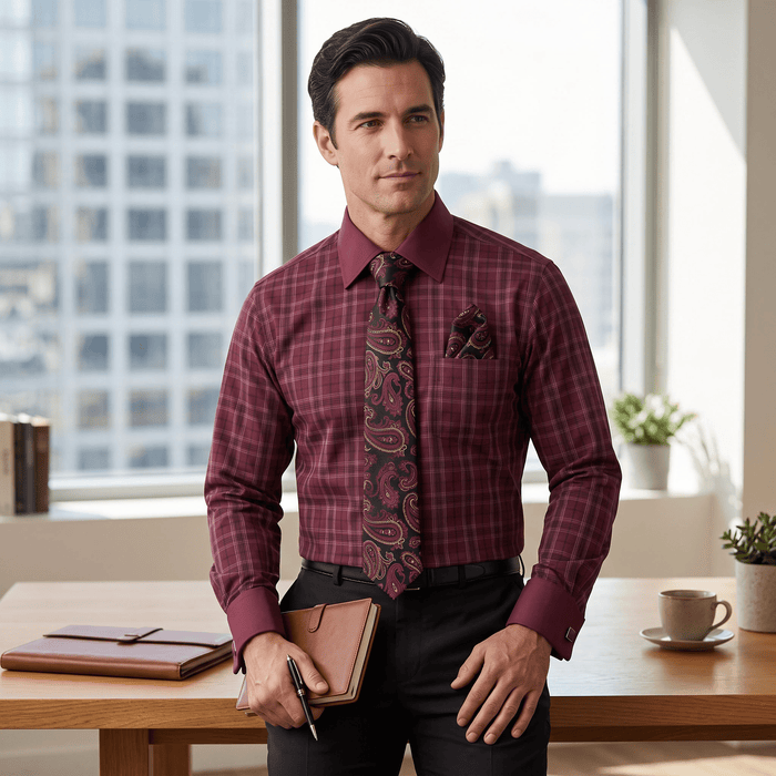 Men's Plaid Contrast Collar Dress Shirt Set – Burgundy - Upscale Men's Fashion