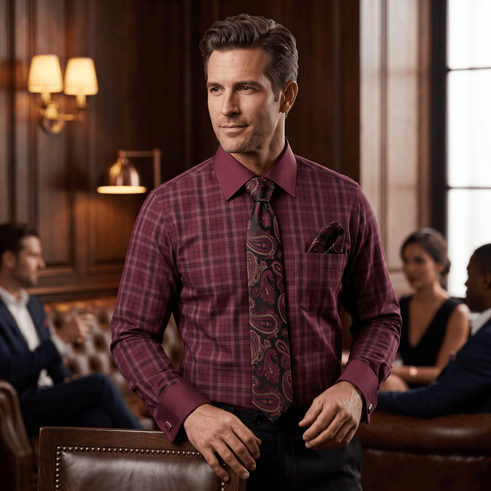 Men's Plaid Contrast Collar Dress Shirt Set – Burgundy - Upscale Men's Fashion
