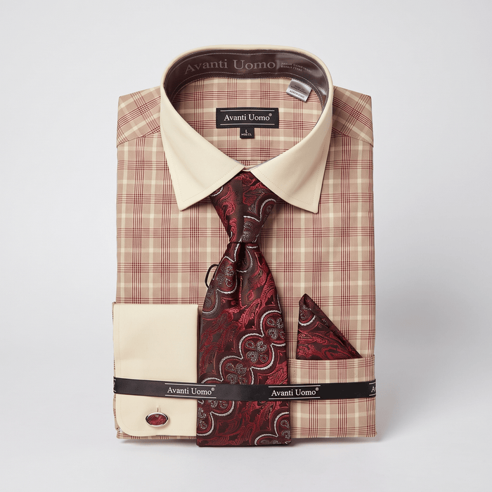 Men's Plaid Contrast Collar Dress Shirt Set – Red - Upscale Men's Fashion