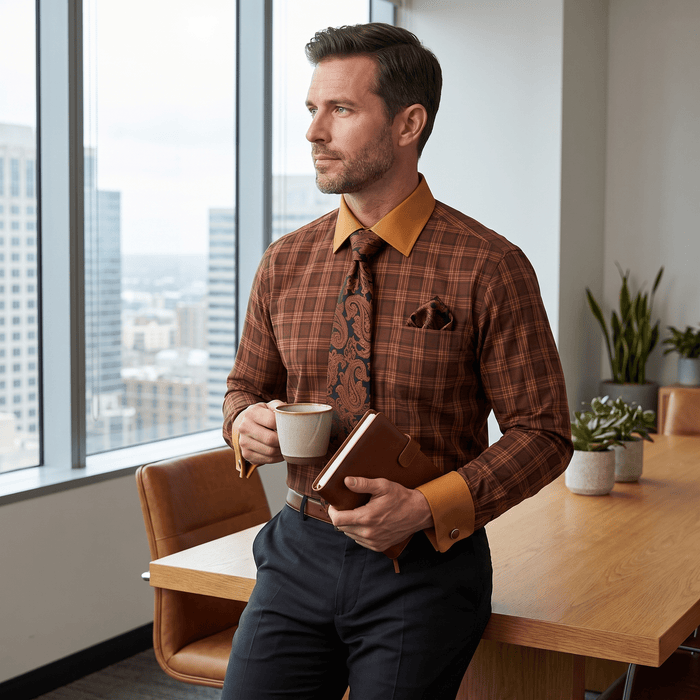 Men's Plaid Contrast Collar Dress Shirt Set – Rust - Upscale Men's Fashion