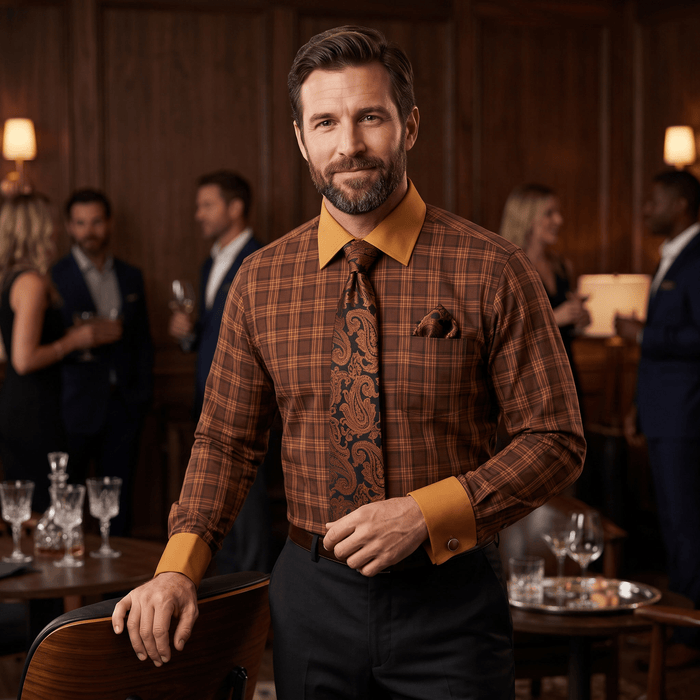 Men's Plaid Contrast Collar Dress Shirt Set – Rust - Upscale Men's Fashion