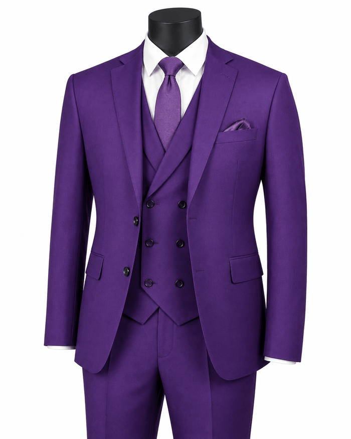 Men’s Purple Modern Fit 3-Piece Suit with Double-Breasted Vest – Altavilla Collection - Upscale Men's Fashion