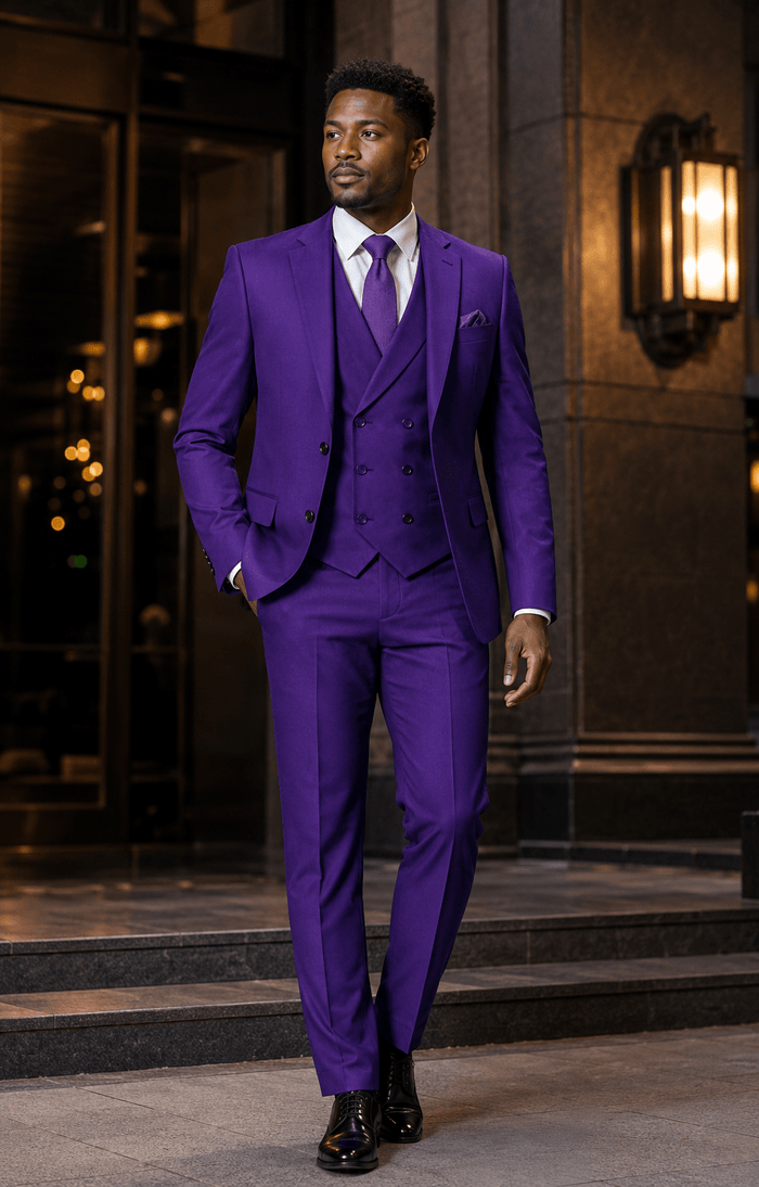 Men’s Purple Modern Fit 3-Piece Suit with Double-Breasted Vest – Altavilla Collection - Upscale Men's Fashion