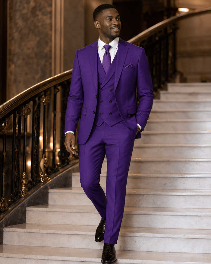 Men’s Purple Modern Fit 3-Piece Suit with Double-Breasted Vest – Altavilla Collection - Upscale Men's Fashion