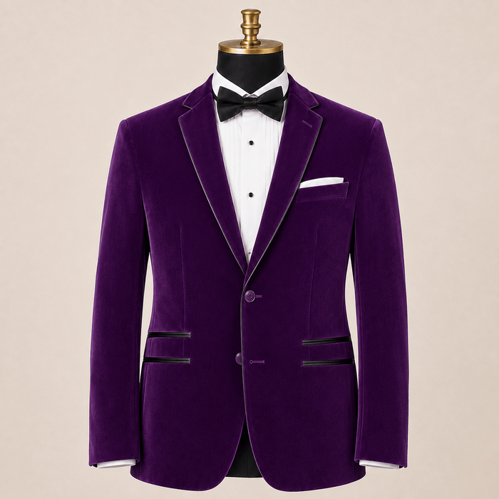 Men's Purple Velvet Regular Fit Sport Coat with Black Trim - Upscale Men's Fashion