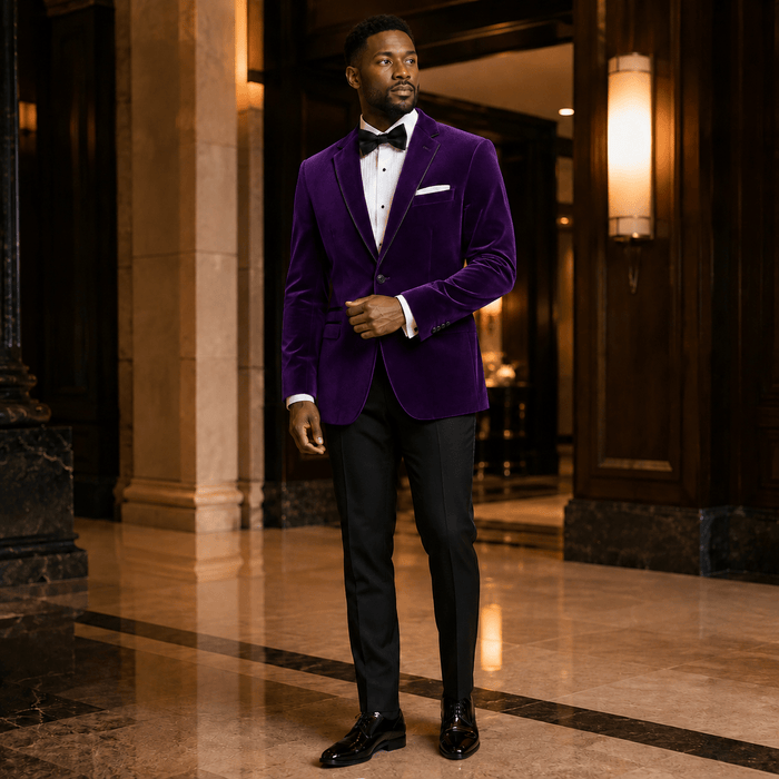 Men's Purple Velvet Regular Fit Sport Coat with Black Trim - Upscale Men's Fashion