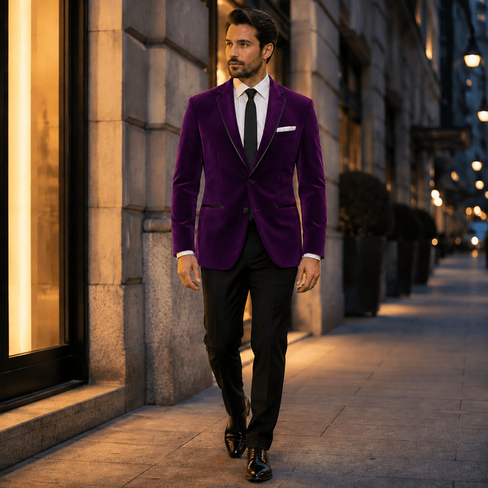 Men's Purple Velvet Regular Fit Sport Coat with Black Trim - Upscale Men's Fashion