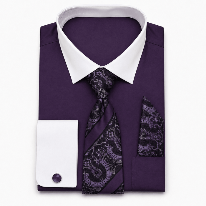 Men's Purple White Collar French Cuff Dress Shirt Set - Upscale Men's Fashion