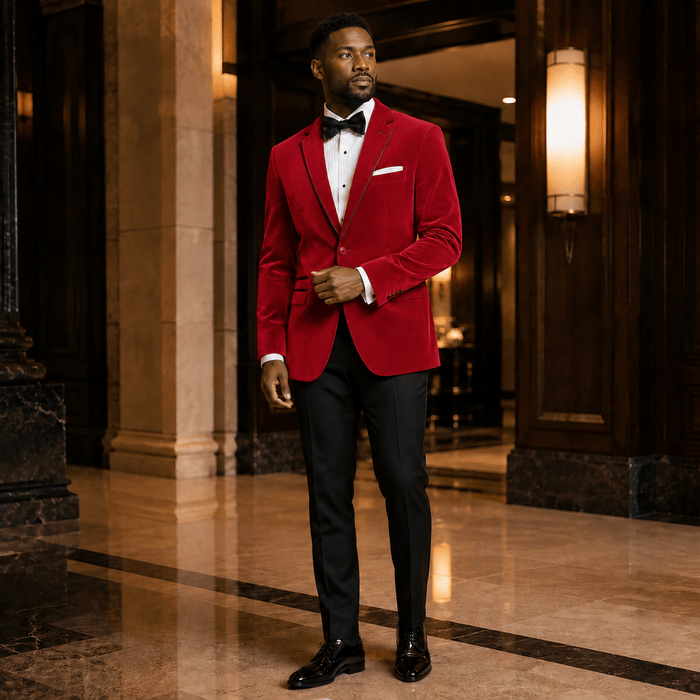 Men's Red Velvet Regular Fit Sport Coat with Black Trim - Upscale Men's Fashion