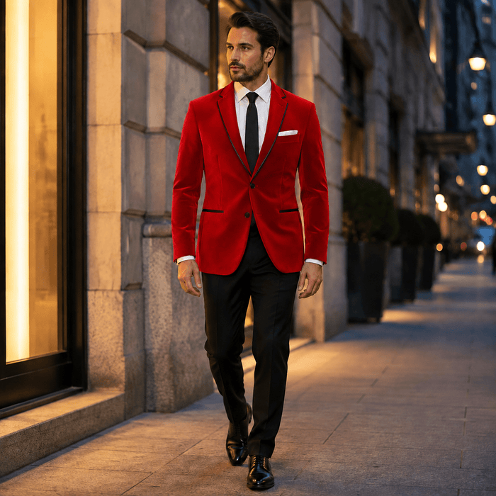 Men's Red Velvet Regular Fit Sport Coat with Black Trim - Upscale Men's Fashion