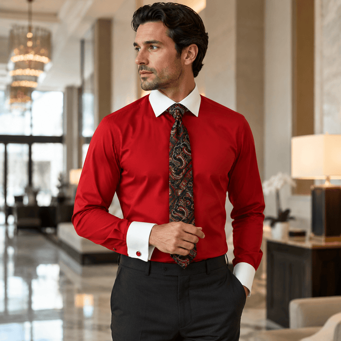 Men's Red White Collar French Cuff Dress Shirt Set - Upscale Men's Fashion