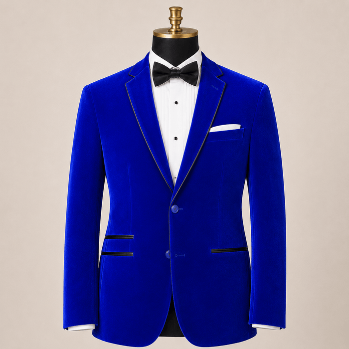 Men's Royal Blue Velvet Regular Fit Sport Coat with Black Trim - Upscale Men's Fashion